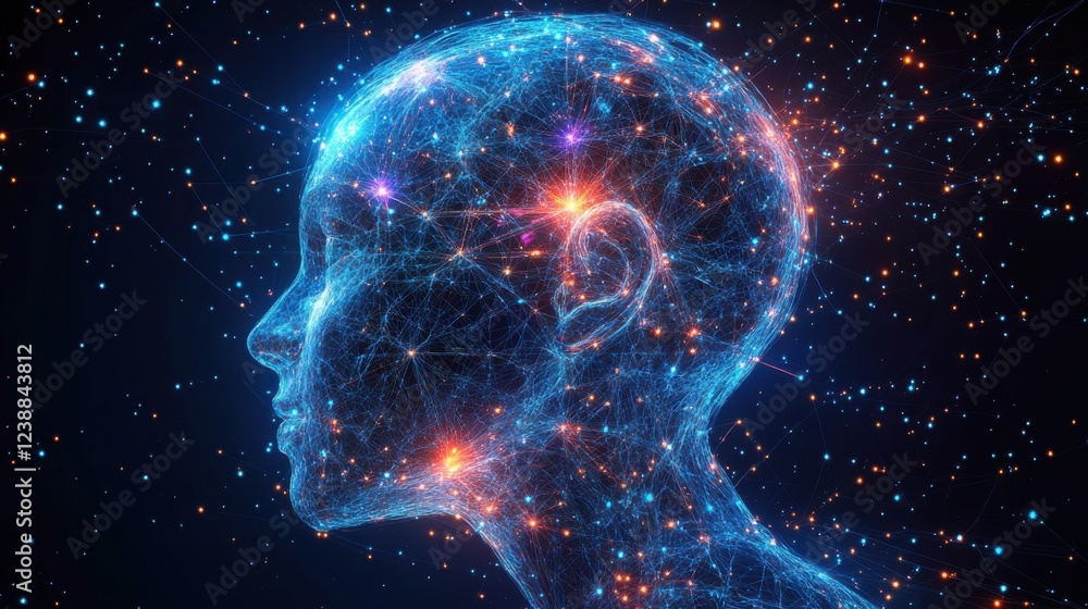 Futuristic digital human head with neural connections and glowing nodes in a starry network Futuristic digital human head with neural connections and glowing nodes in a starry network