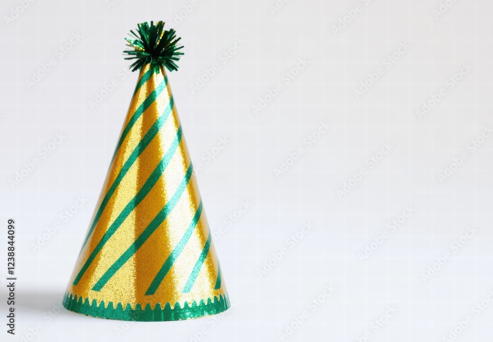 A gold and green party hat with a green pom pom on top A gold and green party hat with a green pom pom on top