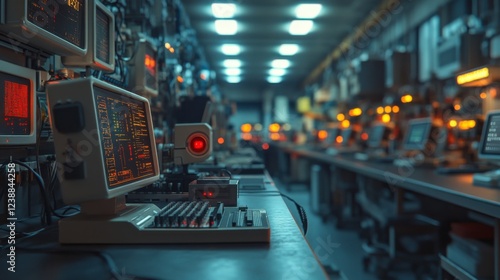 Wallpaper Mural Retro computer lab with vintage monitors and keyboards in dim lighting Torontodigital.ca