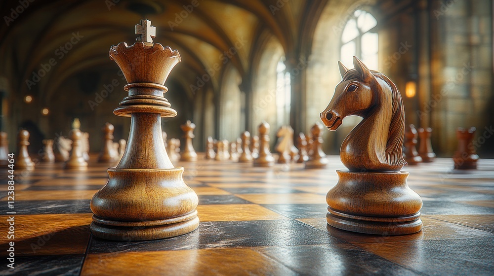 Chess pieces on a large board in a cathedral. Chess pieces on a large board in a cathedral.