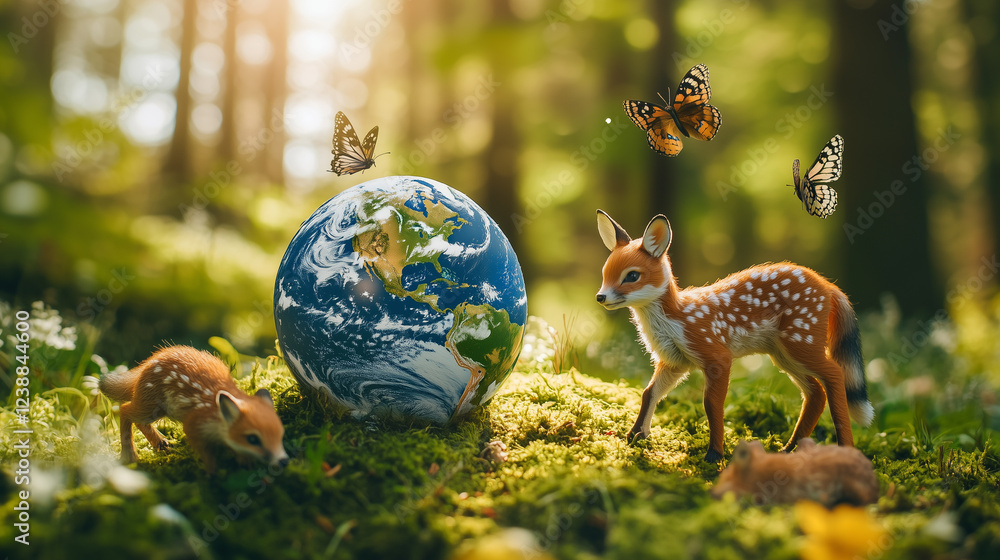 Obraz premium On the lush green grass in the forest lies a model of the globe. Fawns, marmots, foxes walk nearby, butterflies and birds fly. High realism. 