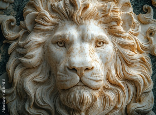 Marble Lion Head Sculpture Classical Renaissance Art Expression Textures Shadows photo