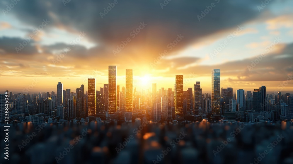 Fototapeta premium Breathtaking futuristic cityscape with towering glimmering skyscrapers set against a vibrant dramatic sunset sky