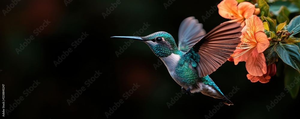 Obraz premium Closeup view of a vibrant hummingbird hovering near a colorful tropical flower in a lush garden