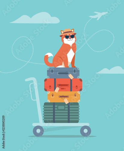 Traveling Dog with Suitcases on Luggage Cart, Vacation Adventure.