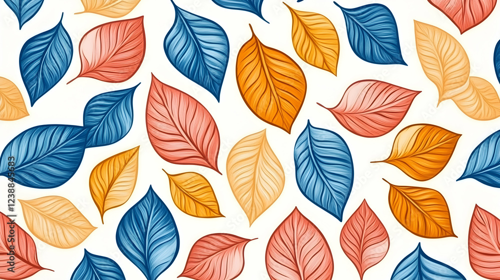 Autumn leaves pattern, vibrant colors, white background, textile design Autumn leaves pattern, vibrant colors, white background, textile design
