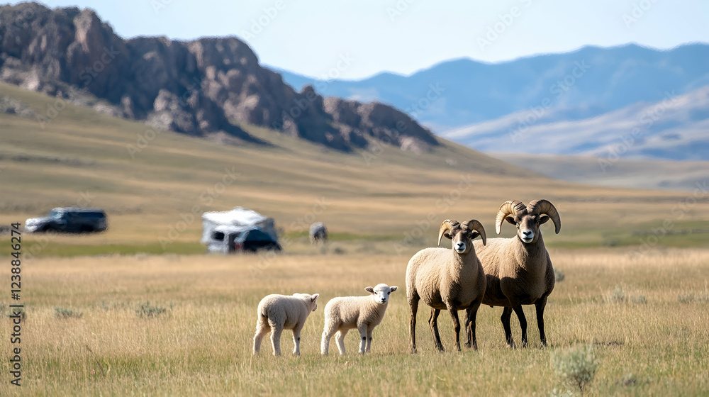 Bighorn sheep family in grassland, rocky mountains background, campers distant Bighorn sheep family in grassland, rocky mountains background, campers distant