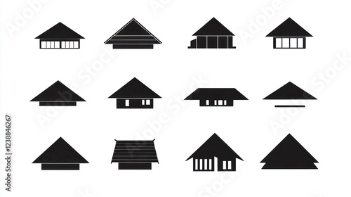Asian house architectural designs, various views, white background, for construction
