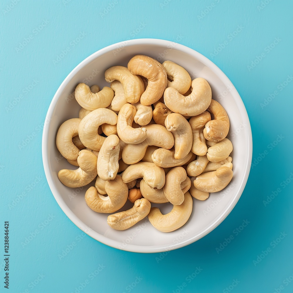 An lonely white bowl of cashew nuts with a vibrant backdrop, food, and snack, Generative AI. An lonely white bowl of cashew nuts with a vibrant backdrop, food, and snack, Generative AI.