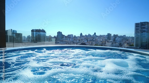Rippling water in a luxurious rooftop swimming pool, surrounded by a panoramic urban skyline.