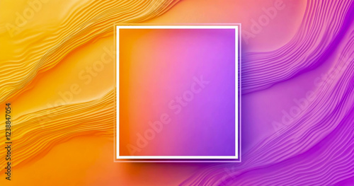 White rectangular frame on an orange-purple background with wavy shapes and a pink gradient center.