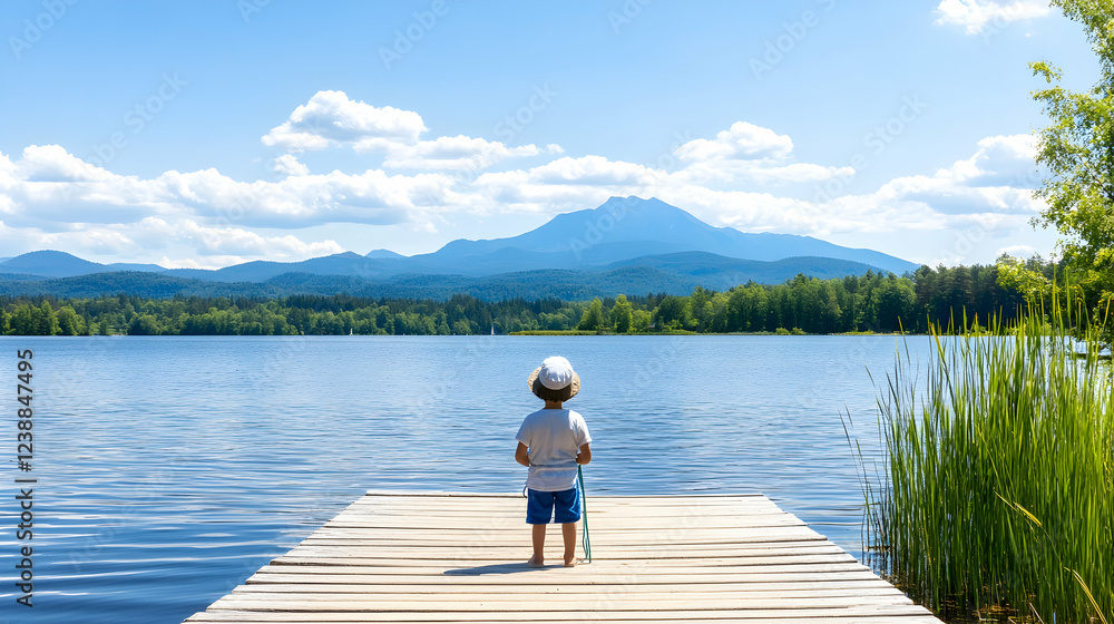 Child on lake dock, mountain view, summer day, peaceful scene Child on lake dock, mountain view, summer day, peaceful scene