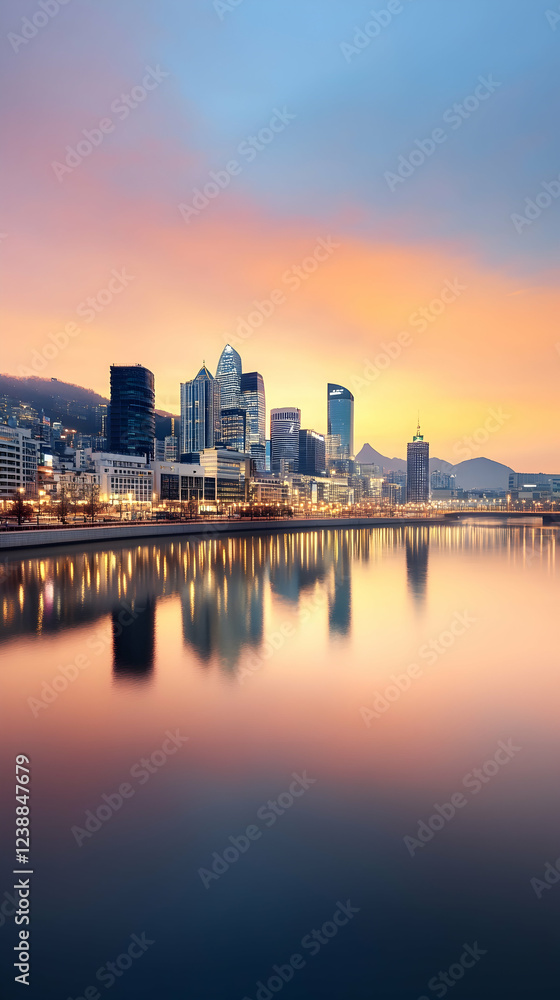 Naklejka premium Cityscape sunrise reflection, calm river, urban skyline, mountains background. Ideal for travel brochures