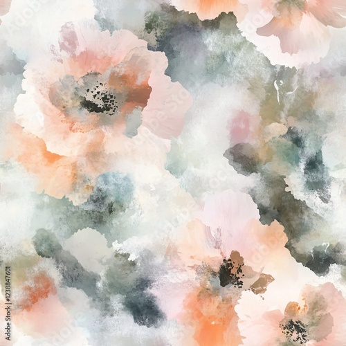Watercolor Style Floral Seamless Pattern, Loopable Design with Blurred Flowers in Blush Pink and Gray Tones, Romantic Boho Fabric and Soft Botanical Wallpaper Print.