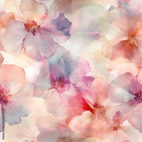 Watercolor Style Floral Seamless Pattern, Loopable Design with Blurred Flowers in Fuchsia, Purple, and Blush Pink, Romantic Boho Fabric and Soft Botanical Wallpaper Print.