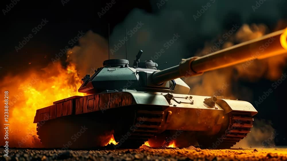 Powerful Armored Tank Advancing Through a Burning Battlefield with Flames and Smoke in the Background Powerful Armored Tank Advancing Through a Burning Battlefield with Flames and Smoke in the Background