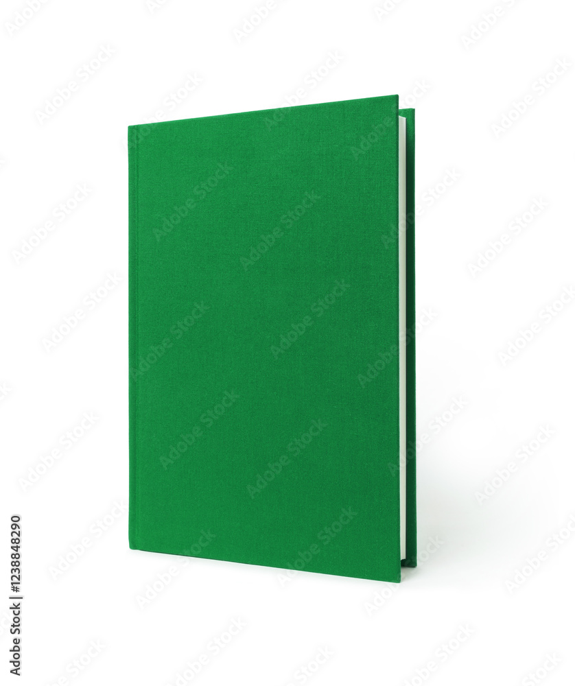 Green standing hardcover book isolated, perspective view. Cover made of natural linen fabric with uneven rough texture. Green standing hardcover book isolated, perspective view. Cover made of natural linen fabric with uneven rough texture.