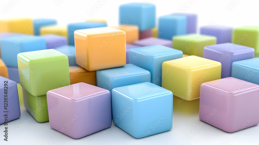 Fototapeta premium Colorful blocks scattered on white background, illustrating concepts like creativity, play, or childhood