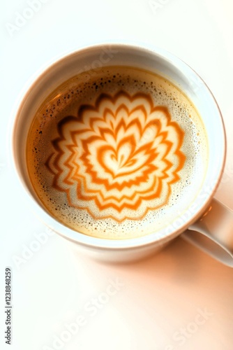Minimalist White Coffee Cup with Latte Art on a Sunlit Table Creating Soft Shadows