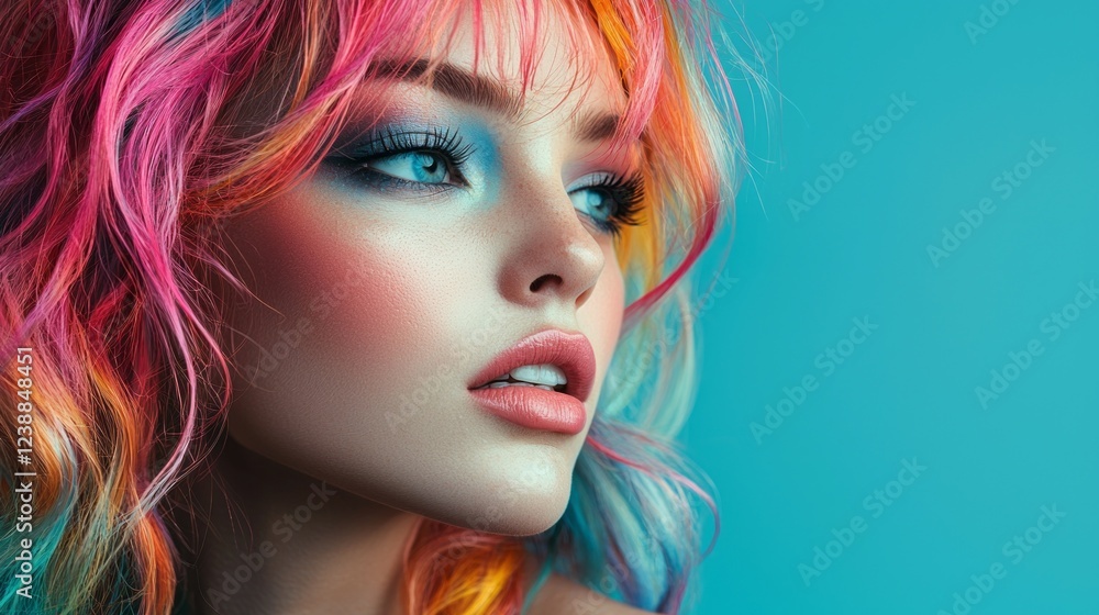 A striking portrayal highlights the subject's radiant features, framed by bold, colorful hair cascading in waves A striking portrayal highlights the subject's radiant features, framed by bold, colorful hair cascading in waves