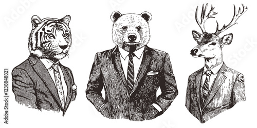 Animals in office suits. Sketch engraved tiger bear deer businessman in clothes tie, anthropomorphic animal set vector illustration