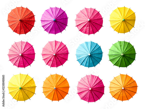 A vibrant collection of twelve colorful paper umbrellas arranged in a grid pattern, isolated on transparent background, PNG, cut out,