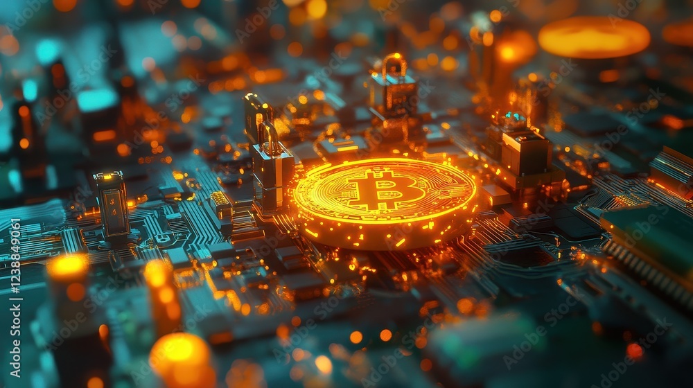 Cryptocurrency mining, golden coins emerging from circuits, 3D illustration. Cryptocurrency mining, golden coins emerging from circuits, 3D illustration.