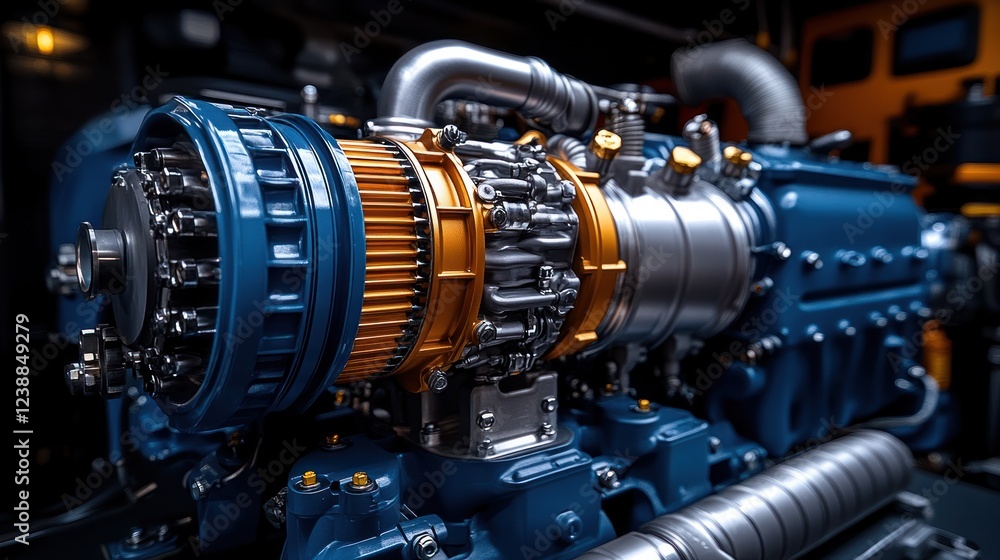 Fototapeta premium Close-up of a powerful, blue industrial engine.