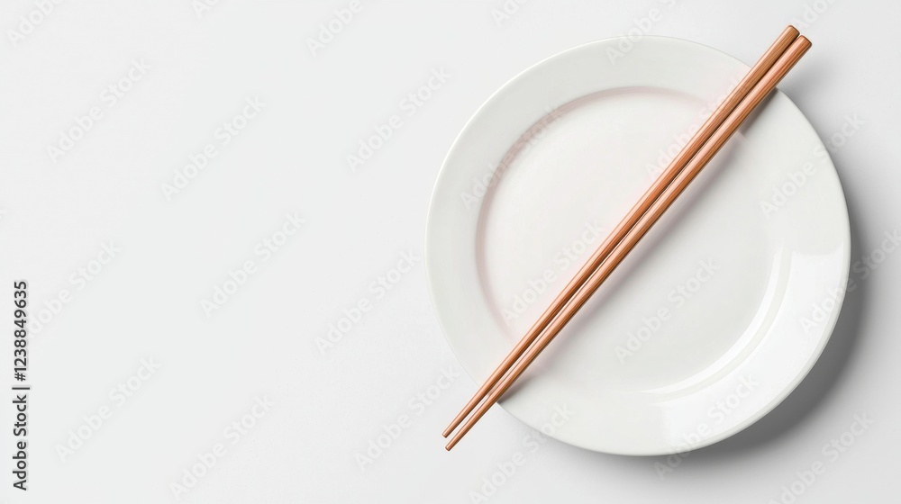 Empty white plate with wooden chopsticks placed on top, set against a light background, symbolizing simplicity and culinary readiness. Empty white plate with wooden chopsticks placed on top, set against a light background, symbolizing simplicity and culinary readiness.