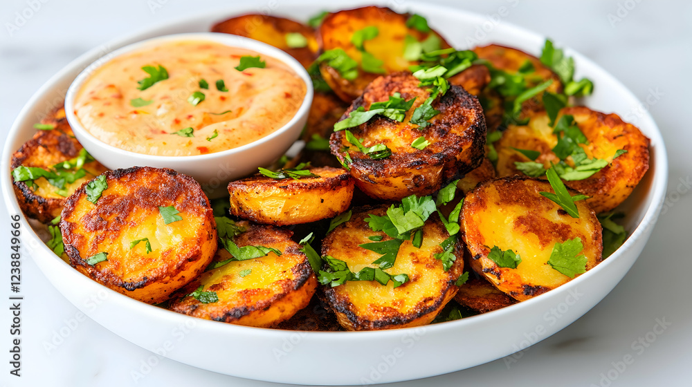 Crispy roasted potatoes with spicy dip, garnished with parsley, on a marble surface; food photography for recipe blogs Crispy roasted potatoes with spicy dip, garnished with parsley, on a marble surface; food photography for recipe blogs