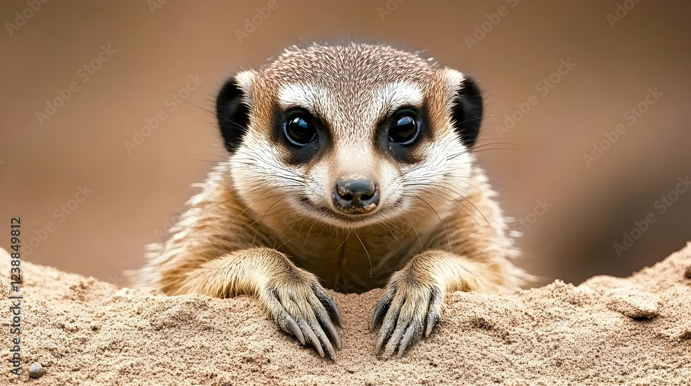 Fototapeta premium Curious meerkat peeking from sand, wildlife portrait, African savanna background, ideal for nature documentaries