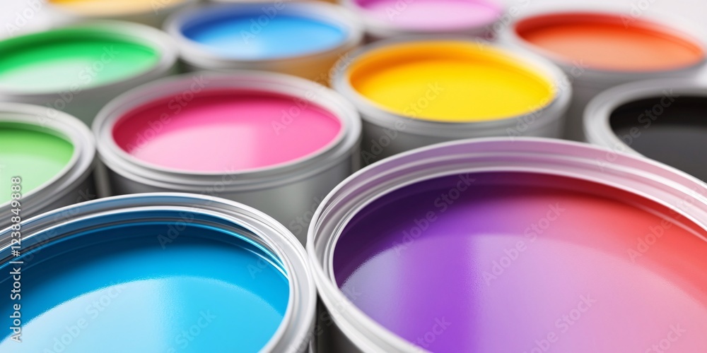open cans of paints of different colors on a white background open cans of paints of different colors on a white background