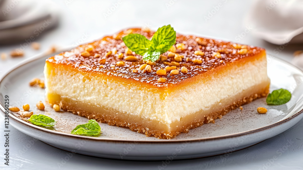 Delicious baked cheesecake with nuts, mint garnish, close-up shot; perfect for food blogs or recipe websites Delicious baked cheesecake with nuts, mint garnish, close-up shot; perfect for food blogs or recipe websites