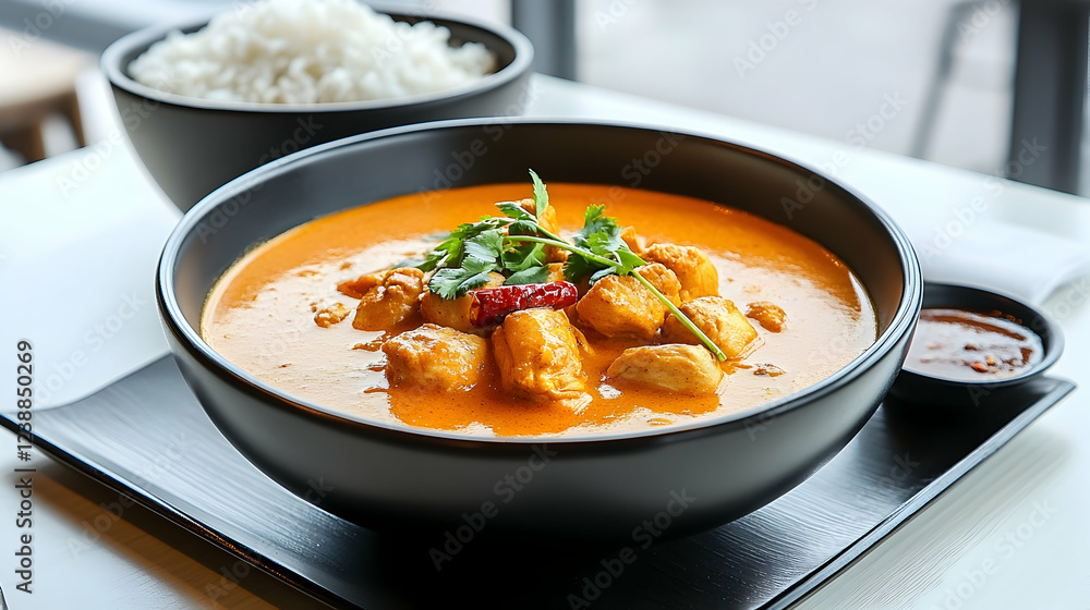 Delicious chicken curry served with rice in a restaurant Delicious chicken curry served with rice in a restaurant