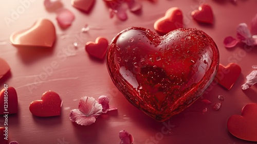 Glowing Red Glass Heart on Fiery Liquid Surface Abstract Romantic Art Luxury Valentine Surreal Love Themed Backgrounds Elegant Romantic Dinner Table with Red and White Floral Arrangement Romantic