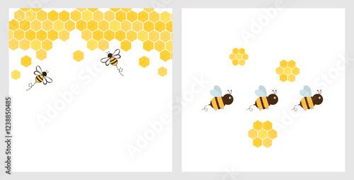 Beehive honey sign with hexagon grid cells and bee cartoons on white backgrounds vector.