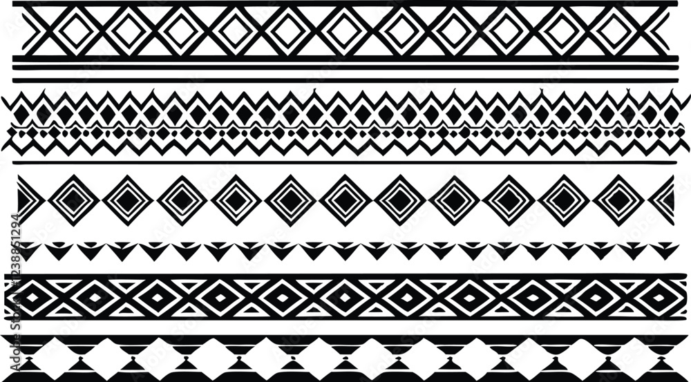 set of black and white seamless border, geometric, Ethnic, tribal motif, traditional pattern set of black and white seamless border, geometric, Ethnic, tribal motif, traditional pattern