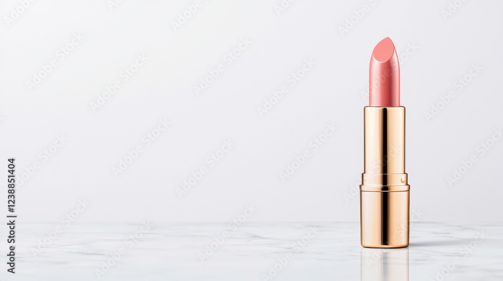 A stylish lipstick in a gold tube sits elegantly on a marble surface against a soft background. A stylish lipstick in a gold tube sits elegantly on a marble surface against a soft background.