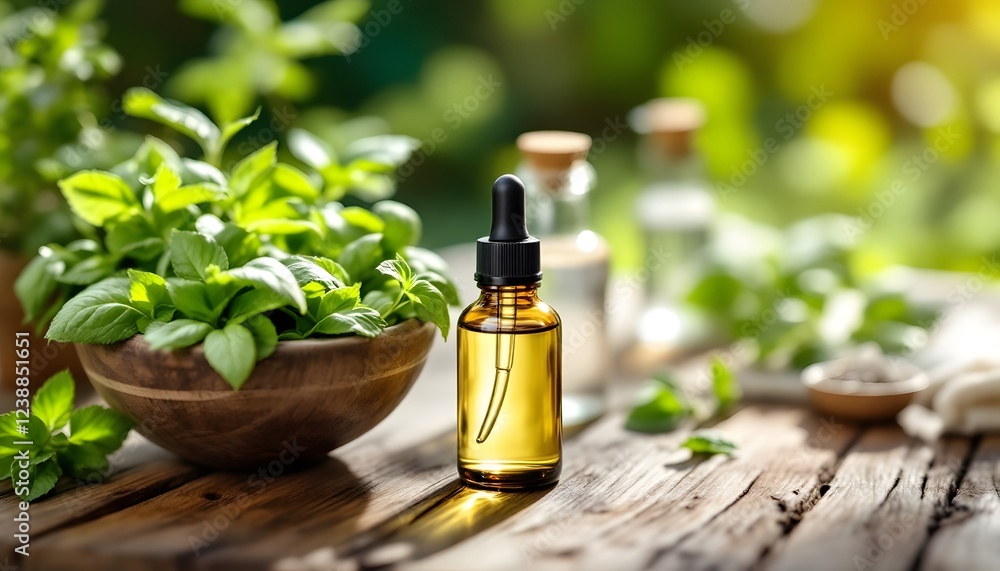 Natural Basil Essential Oil in Amber Bottle Natural Basil Essential Oil in Amber Bottle