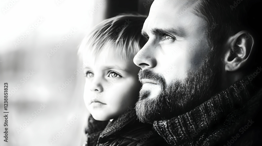 Father and son looking out window, winter day, family bond Father and son looking out window, winter day, family bond
