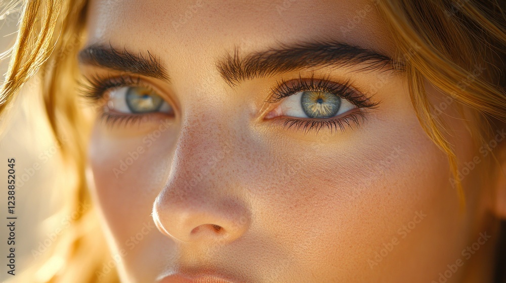 Fototapeta premium Close-up of a woman's face with blue eyes and freckles, sunlit skin.