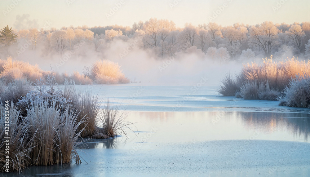 Obraz premium Serene frost-covered riverside with mist rising, winter tranquility