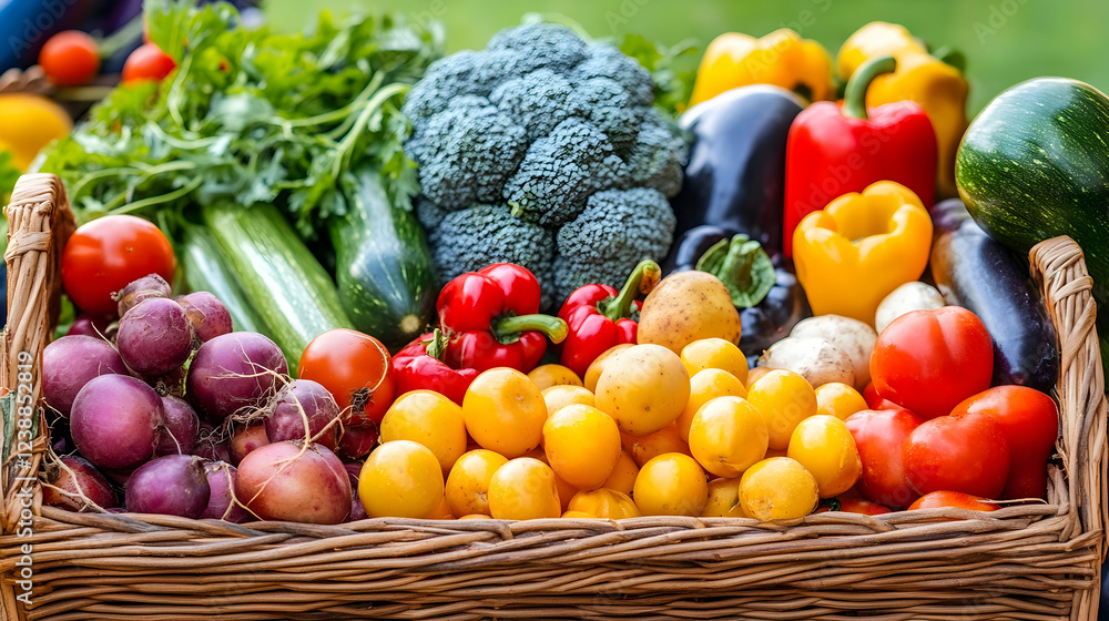 Fresh garden vegetables in wicker basket, outdoor setting, healthy eating concept, farmers market produce Fresh garden vegetables in wicker basket, outdoor setting, healthy eating concept, farmers market produce