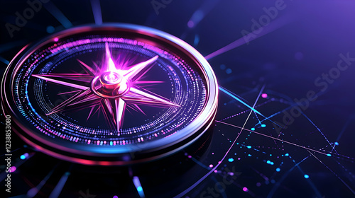 Futuristic compass guiding navigation, digital network background, technology concept, website banner photo