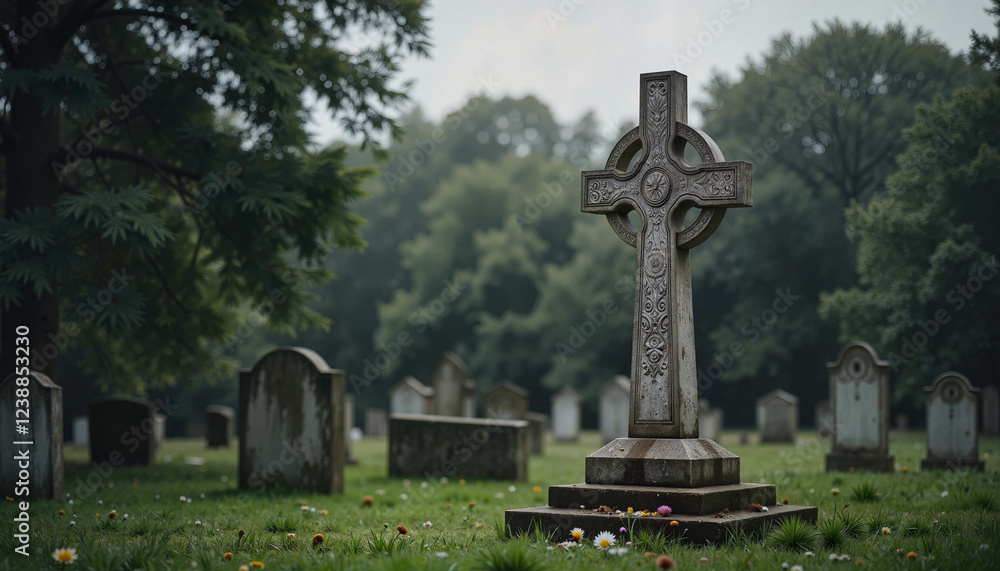 Celtic cross monument in tranquil cemetery Celtic cross monument in tranquil cemetery