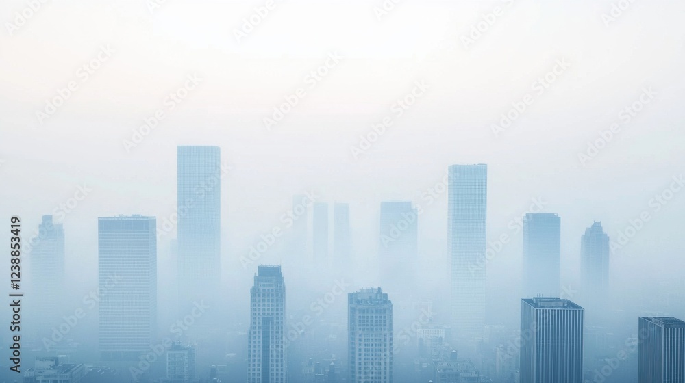 Naklejka premium A hazy skyline of tall buildings obscured by fog, creating a serene yet mysterious urban atmosphere.