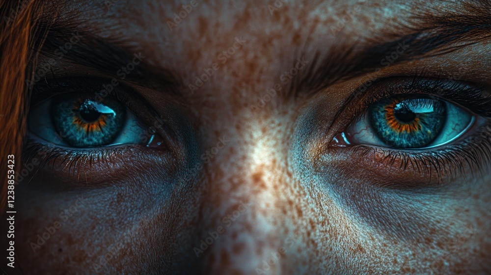 Close-up of captivating blue eyes and freckled face. Close-up of captivating blue eyes and freckled face.