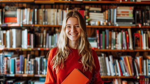 A smiling woman with long blonde hair stands in front of bookshelves