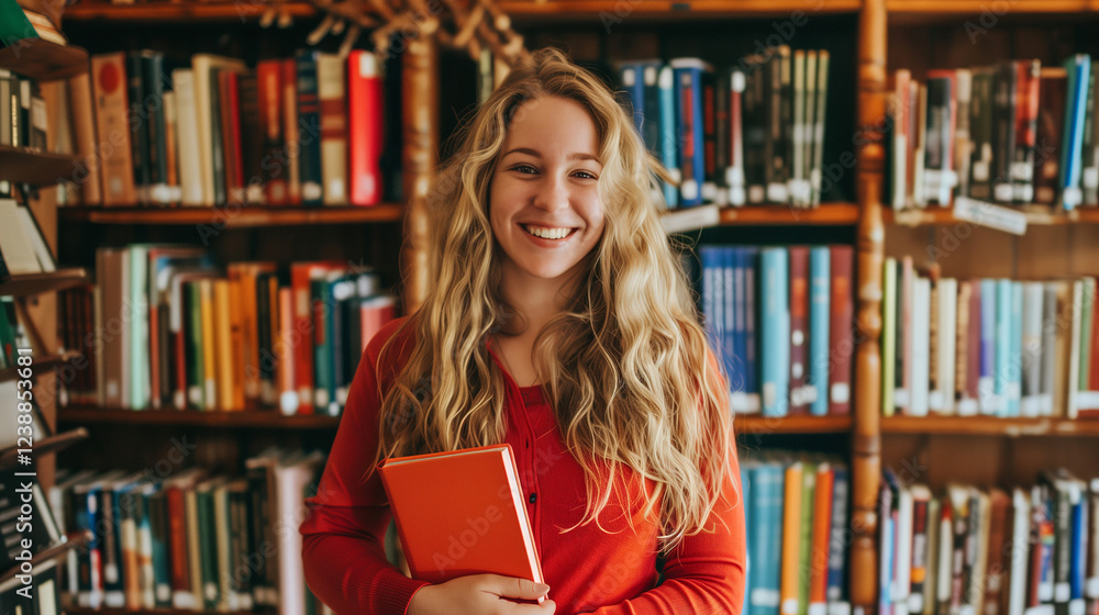 A smiling woman stands in front of bookshelves, holding a notebook. She is surrounded by various books on shelves A smiling woman stands in front of bookshelves, holding a notebook. She is surrounded by various books on shelves
