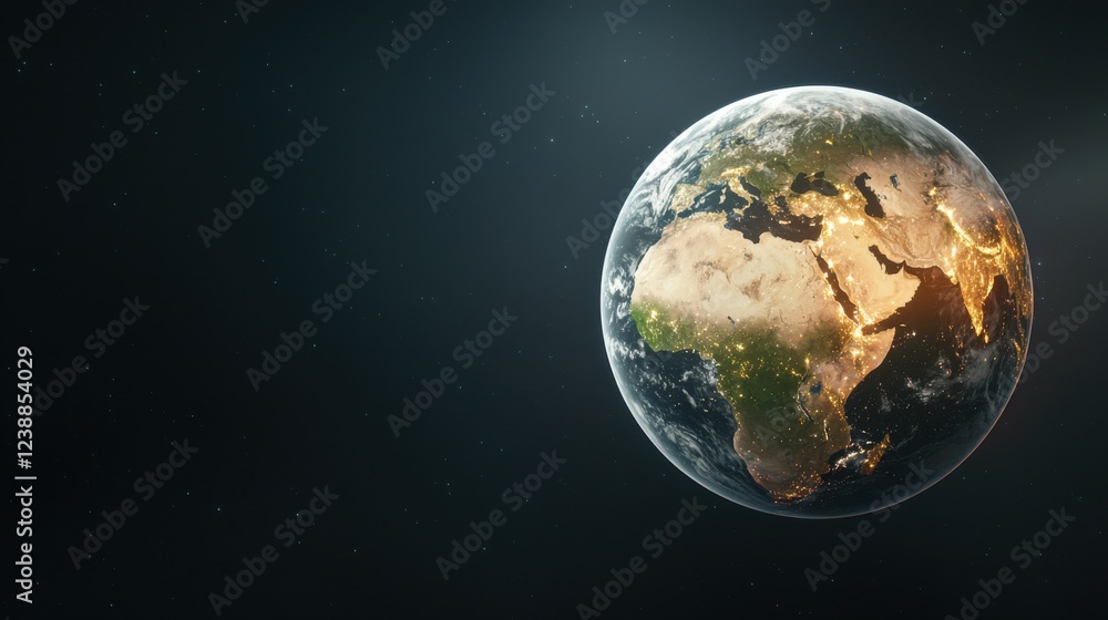 Fototapeta premium A stunning view of Earth from space, highlighting continents and oceans with a soft glow, emphasizing its beauty and fragility.